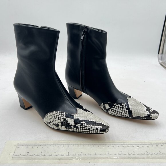 Black Cap Toe Ankle Booties Square Toe Low Heel Short Boot Snakeskin Zipper Shoe - Picture 3 of 7